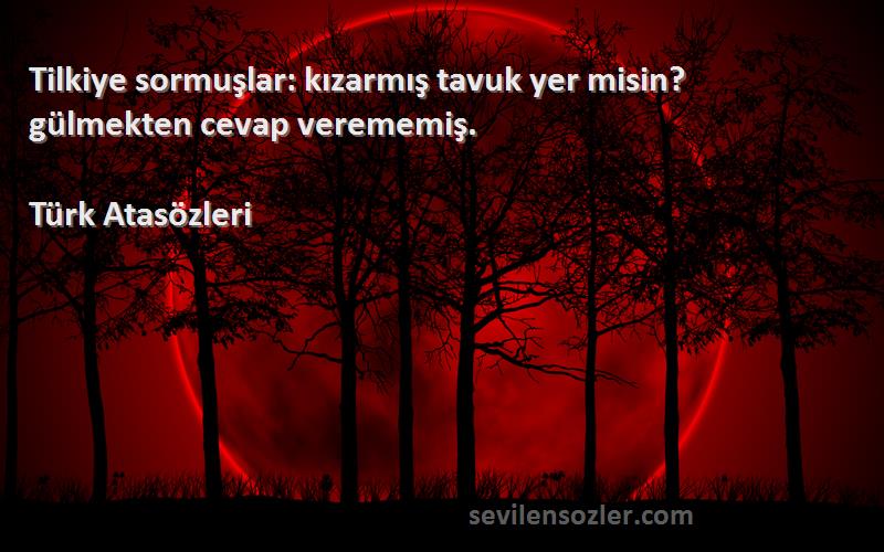 Türk Atasözleri Sözleri 
Tilkiye sormuşlar: kızarmış tavuk yer misin? gülmekten cevap verememiş.