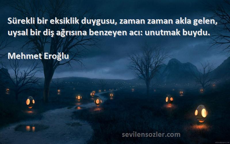 Mehmet Eroğlu Sözleri 
Sürekli bir eksiklik duygusu, zaman zaman akla gelen, uysal bir diş ağrısına benzeyen acı: unutmak buydu.