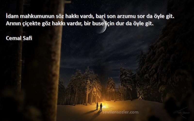 Cemal Safi Sözleri 
İdam mahkumunun söz hakkı vardı, bari son arzumu sor da öyle git. Arının çiçekte göz hakkı vardır, bir buse için dur da öyle git.