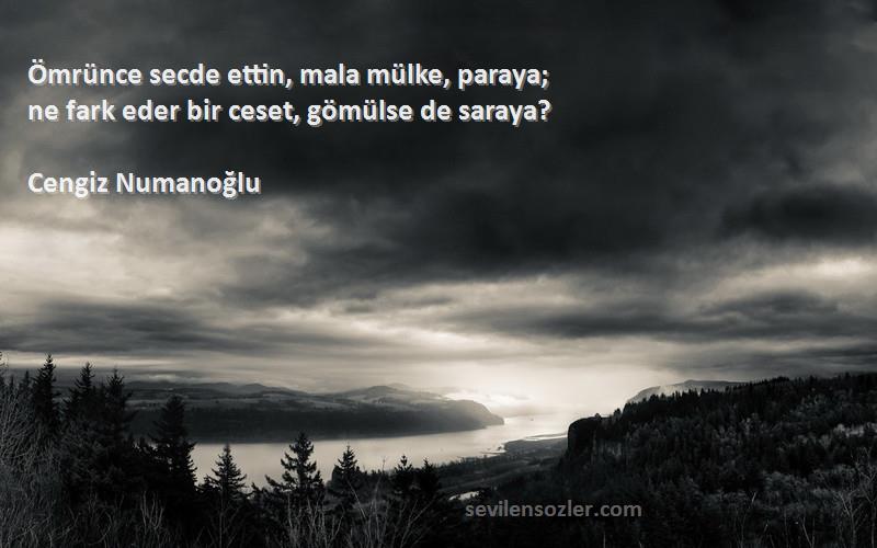 Cengiz Numanoğlu Sözleri 
Ömrünce secde ettin, mala mülke, paraya;
ne fark eder bir ceset, gömülse de saraya?