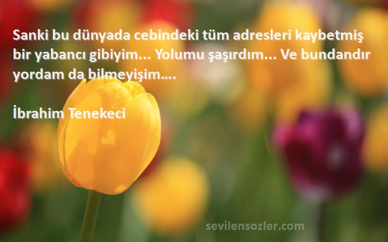 İbrahim Tenekeci Sözleri 
Sanki bu dünyada cebindeki tüm adresleri kaybetmiş bir yabancı gibiyim... Yolumu şaşırdım... Ve bundandır yordam da bilmeyişim….