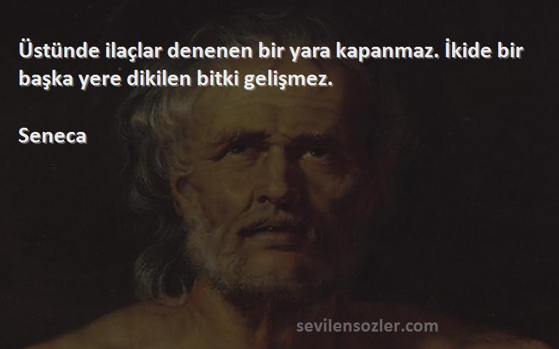 Seneca Sözleri 
Üstünde ilaçlar denenen bir yara kapanmaz. İkide bir başka yere dikilen bitki gelişmez.