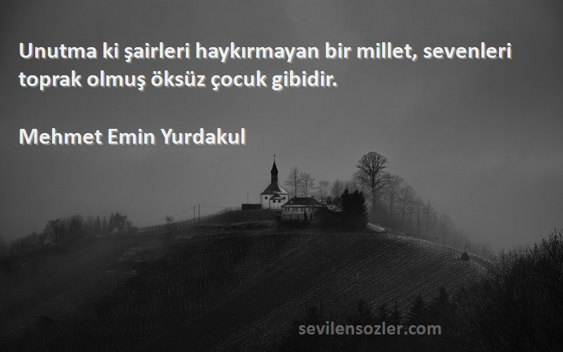 Mehmet Emin Yurdakul Sözleri 
Unutma ki şairleri haykırmayan bir millet, sevenleri toprak olmuş öksüz çocuk gibidir.