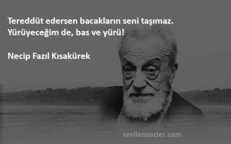 Necip Fazıl Kısakürek Sözleri 
Tereddüt edersen bacakların seni taşımaz. Yürüyeceğim de, bas ve yürü!