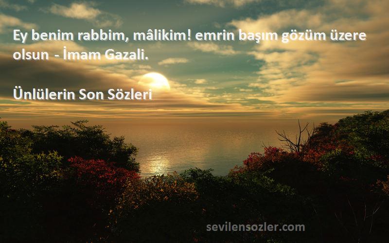 Ünlülerin Son  Sözleri 
Ey benim rabbim, mâlikim! emrin başım gözüm üzere olsun - İmam Gazali.