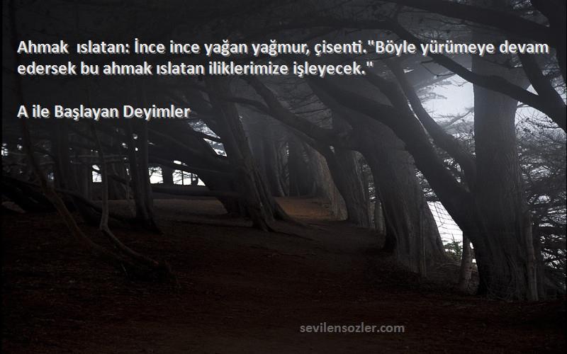 A ile Başlayan Deyimler Sözleri 
Ahmak ıslatan: İnce ince yağan yağmur, çisenti.Böyle yürümeye devam edersek bu ahmak ıslatan iliklerimize işleyecek.