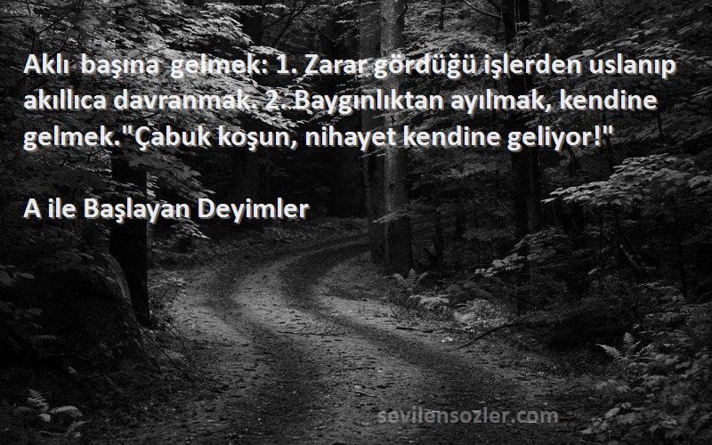 A ile Başlayan Deyimler Sözleri 
Aklı başına gelmek: 1. Zarar gördüğü işlerden uslanıp akıllıca davranmak. 2. Baygınlıktan ayılmak, kendine gelmek.Çabuk koşun, nihayet kendine geliyor!