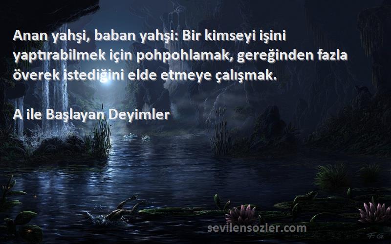 A ile Başlayan Deyimler Sözleri 
Anan yahşi, baban yahşi: Bir kimseyi işini yaptırabilmek için pohpohlamak, gereğinden fazla överek istediğini elde etmeye çalışmak.