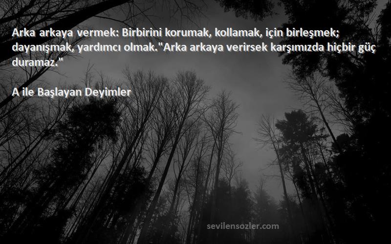 A ile Başlayan Deyimler Sözleri 
Arka arkaya vermek: Birbirini korumak, kollamak, için birleşmek; dayanışmak, yardımcı olmak.Arka arkaya verirsek karşımızda hiçbir güç duramaz.