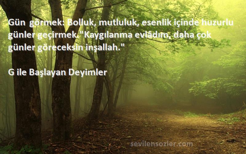 G ile Başlayan Deyimler Sözleri 
Gün görmek: Bolluk, mutluluk, esenlik içinde huzurlu günler geçirmek.Kaygılanma evlâdım, daha çok günler göreceksin inşallah.