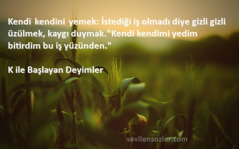 K ile Başlayan Deyimler Sözleri 
Kendi kendini yemek: İstediği iş olmadı diye gizli gizli üzülmek, kaygı duymak.Kendi kendimi yedim bitirdim bu iş yüzünden.