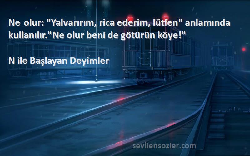 N ile Başlayan Deyimler Sözleri 
Ne olur: Yalvarırım, rica ederim, lütfen anlamında kullanılır.Ne olur beni de götürün köye!