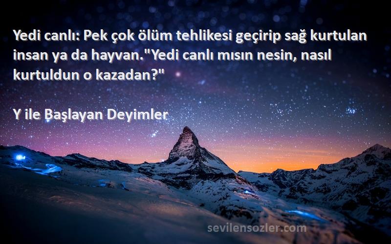 Y ile Başlayan Deyimler Sözleri 
Yedi canlı: Pek çok ölüm tehlikesi geçirip sağ kurtulan insan ya da hayvan.Yedi canlı mısın nesin, nasıl kurtuldun o kazadan?