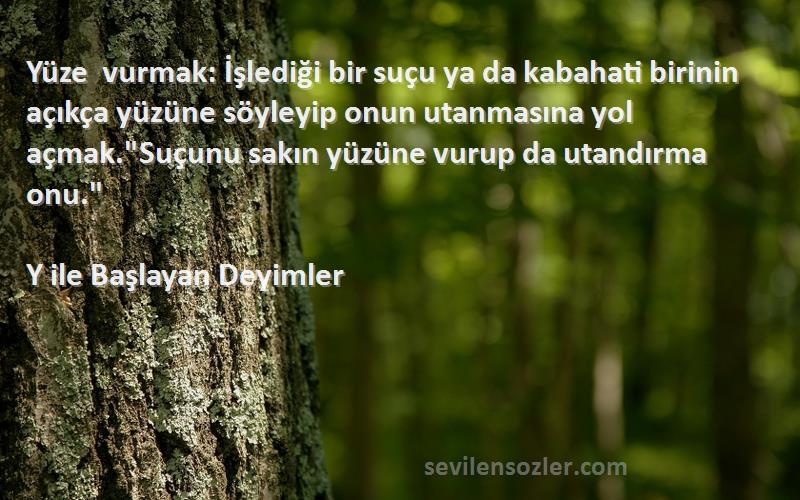 Y ile Başlayan Deyimler Sözleri 
Yüze vurmak: İşlediği bir suçu ya da kabahati birinin açıkça yüzüne söyleyip onun utanmasına yol açmak.Suçunu sakın yüzüne vurup da utandırma onu.