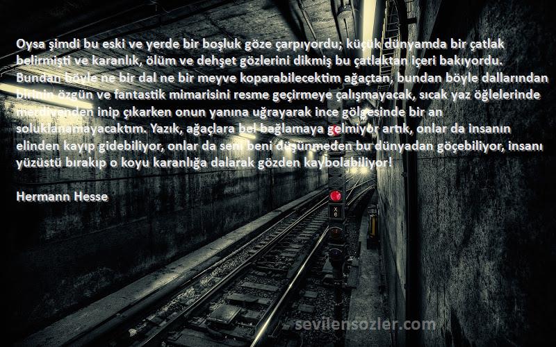 Hermann Hesse Sözleri 
Oysa şimdi bu eski ve yerde bir boşluk göze çarpıyordu; küçük dünyamda bir çatlak belirmişti ve karanlık, ölüm ve dehşet gözlerini dikmiş bu çatlaktan içeri bakıyordu. Bundan böyle ne bir dal ne bir meyve koparabilecektim ağaçtan, bundan böyle dallarından birinin özgün ve fantastik mimarisini resme geçirmeye çalışmayacak, sıcak yaz öğlelerinde merdivenden inip çıkarken onun yanına uğrayarak ince gölgesinde bir an soluklanamayacaktım. Yazık, ağaçlara bel bağlamaya gelmiyor artık, onlar da insanın elinden kayıp gidebiliyor, onlar da seni beni düşünmeden bu dünyadan göçebiliyor, insanı yüzüstü bırakıp o koyu karanlığa dalarak gözden kaybolabiliyor!
