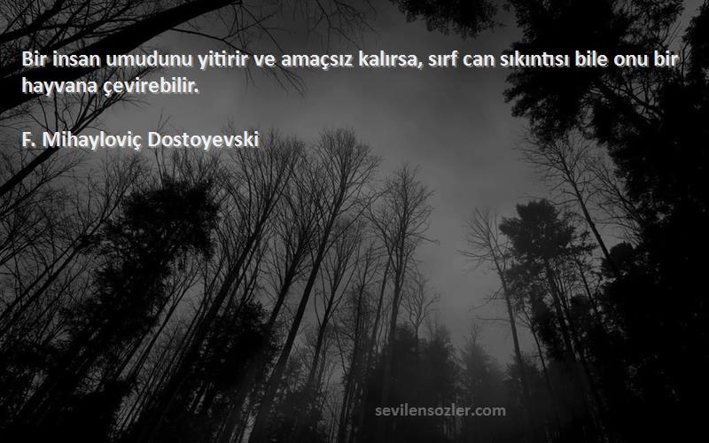 F. Mihayloviç Dostoyevski Sözleri 
Bir insan umudunu yitirir ve amaçsız kalırsa, sırf can sıkıntısı bile onu bir hayvana çevirebilir.